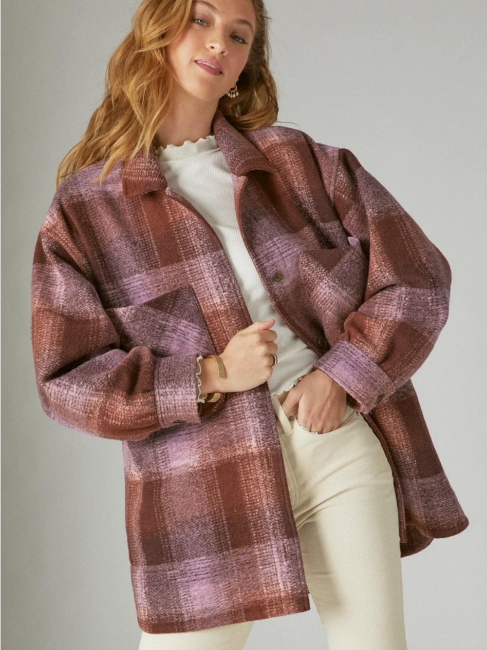 Lucky Brand Mauve and Brown Plaid Utility Shacket EUC, Sz Large!  Like NEW lined